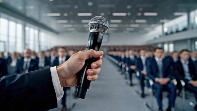 Close-up of a hand holding a microphone against the background of blurred people in a conference room