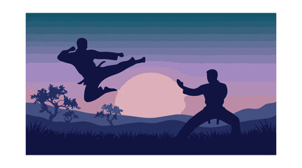 Silhouettes of martial arts practitioners training outdoors at sunset