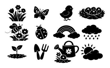 Obraz premium Spring Nature Silhouette Icon Set – Flowers, Butterfly, Chick, Bee, Ladybug, Rainbow, Garden Tools, Watering Can