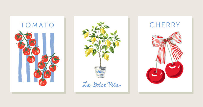 Poster collection. Lemon tree in the pot with yellow fruits, tomatoes, blue stripes, red cherry, bow, white background. Prints for t shirt, text La Dolce Vita. Vector illustration. Italian summer coa