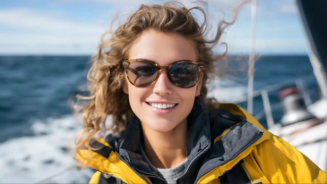 59Close-up of smiling woman sailing yacht, yellow jacket, sunglasses, fluttering hair, bright sun above, open ocean backdrop, freedom and sea adventure theme