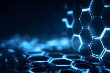 Obraz premium Illuminated hexagonal network structure, signifying advanced digital systems, science, and futuristic technology in dark abstract space background