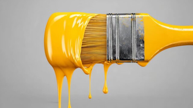 Bright yellow paint dripping from a brush during a home improvement project in a workshop