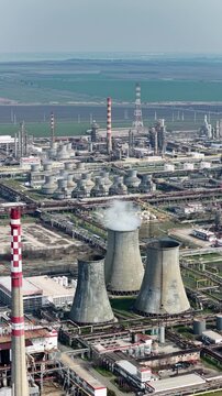 Aerial drone view to oil refinery plant for primary and deep oil refining. Lukoil, Eastern Europe, Burgas, Bulgaria