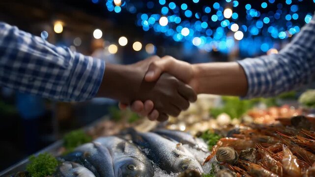 181Two hands meeting in agreement above a seafood stall, fresh fish and shellfish showcased below, market trade partnership symbolism