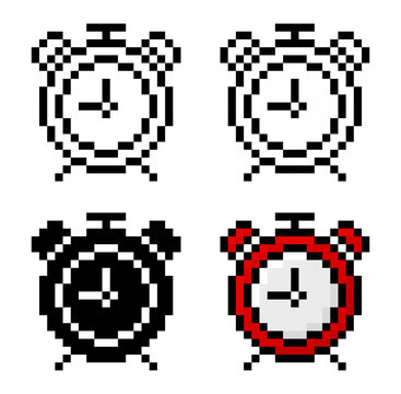 A set of pixel art alarm clocks. Linear, solid, and color variations.