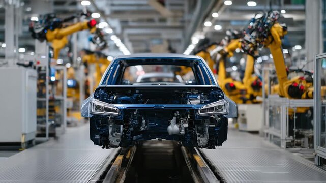 190High-tech automotive production line, multiple robotic arms welding and assembling cars, industrial interior with clean metallic surfaces and modern efficiency