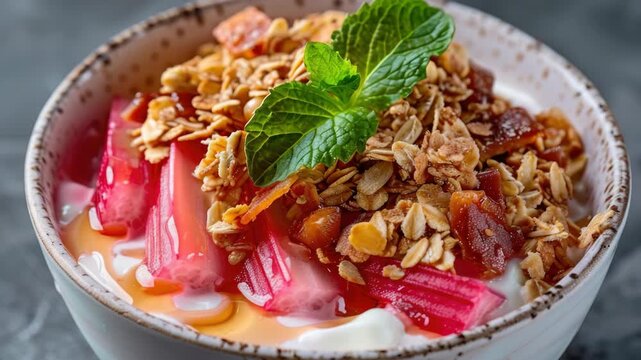 Whipped yogurt bowl with granola and mint. Pink rhubarb slices add vibrant color. Fresh mint leaf sits atop the topping. Natural light highlights the creamy texture