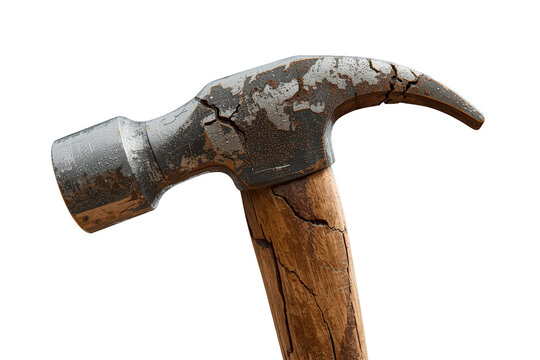 Old rusty claw hammer showing wear and cracking on wooden handle for repair and construction