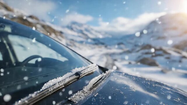 197Frozen car wipers on snow-laden windshield, morning frost glistening, winter chill atmosphere, vehicle safety concept in cold weather