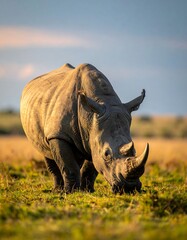 Obraz premium A large gray rhinoceros grazing in a green field under a blue sky
