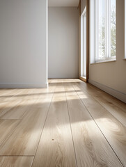 A clean studio environment with a neutral off-white matte wall and a light matte oak floor featuring visible wood grain, fine plank seams, and small wear marks that add realism wit