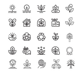 Obraz premium collection of simple, hand-drawn line art icons representing Ecology and Sustainability Line Icon Set for Green Energy and Nature