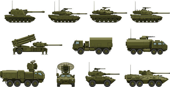 Military Vehicle and Tank Vector Set Featuring Armored Fighting Vehicles, Rocket Launchers, and Radar Trucks for Defense and Warfare Concepts