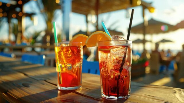 Sunlit table holds two vibrant cocktails. Orange slices and straws add cheerful detail. Crisp ice cubes glisten in the warm light. Background buzzes with beachside lounge activity