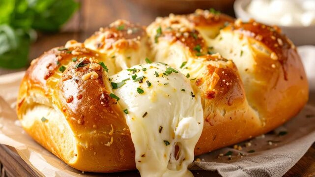 Delicious baked bread with melted cheese and herbs, perfect for a savory snack or appetizer.