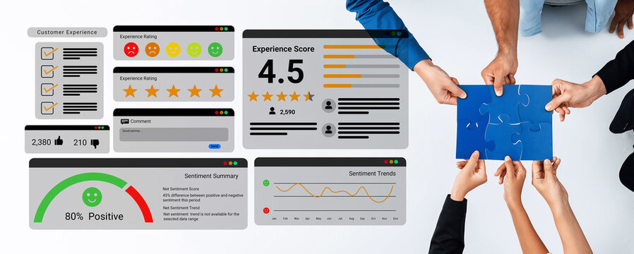 Feedback system with ratings, sentiment meter, and charts representing customer satisfaction and experience analysis Parse