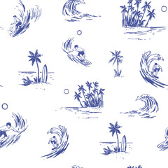Obraz premium Surfing seamless pattern, ocean, surfers, waves, tropical landscapes, hand-drawn monochrome doodles.