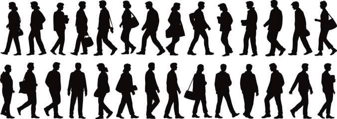 Fototapeta premium Walking people silhouette collection, men and women walking poses set, business and casual pedestrians side view black vector illustration isolated