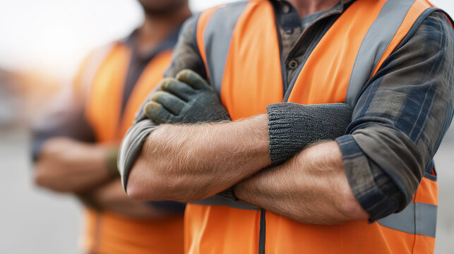 Industrial worker with crossed arms and protective gloves, wearing a bright orange reflective vest, symbolizing teamwork and reliability