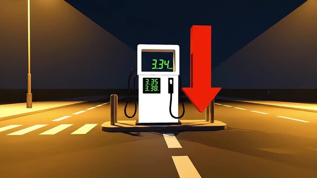 Fuel prices drop A downward red arrow points to a gas pump showing reduced costs, symbolizing economic relief and cheaper travel expenses on the road at night