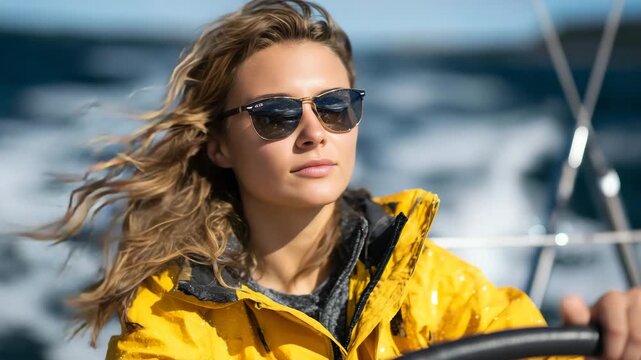 Dynamic close-up of woman at yacht helm, yellow jacket and sunglasses, wind catching her hair, sparkling water around, enjoying freedom of sea adventure