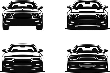 Obraz premium Collection of four black silhouette front views of classic American muscle cars on a white background