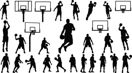 Basketball player silhouette collection with athletes dribbling, shooting and dunking near hoop and backboard, dynamic sports action illustration isolated on white background © Masuduzzaman