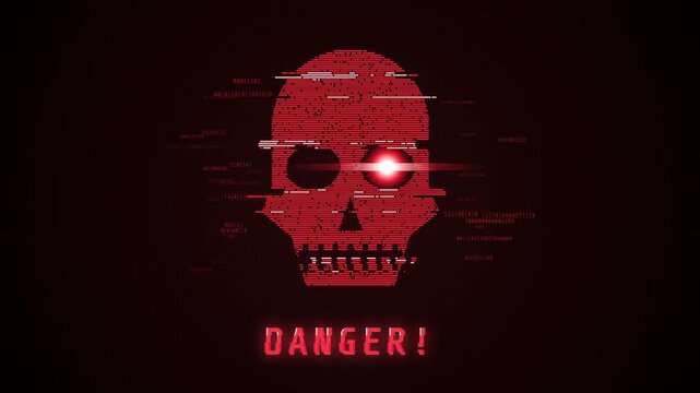 Glowing red skull danger signal animation glitch effect on dark screen