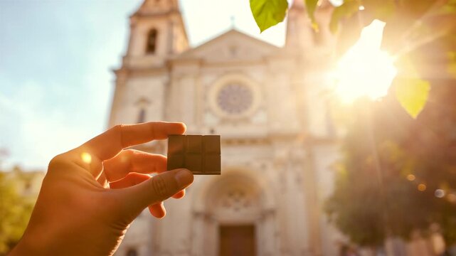 Hand holding small black rectangular card in foreground with bright sun flare and historic stone church building in background