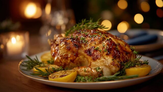 Festive close-up of succulent turkey on table, citrus wedges and herbs arranged around, soft warm firelight casting inviting reflections