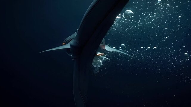 conceptual marine weapon autonomous underwater predator drone shark shaped robotic submarine advanced military technology deep sea surveillance and attack system