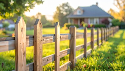Close up photo of a neat lawn fence with a blurry house in the background