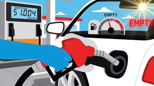 Hand fueling a car at a gas station with a full tank indicator and a price of $1.004, cartoon style