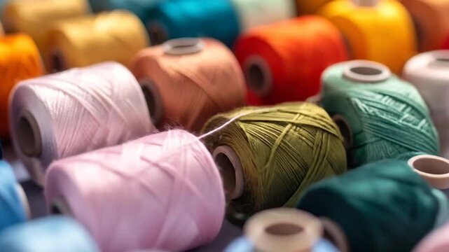 Close-up shot of colorful thread spools arranged in a row, creating a vibrant background.