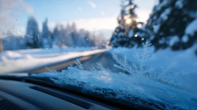 Frozen wipers on snow-covered car windshield, close-up of frost crystals, winter season cold, highlighting need for proper vehicle preparation