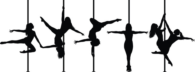 Pole dance silhouettes, fitness art, athletic woman poses, strength flexibility, performance sport, vector illustration, dance movement, graphic design figure