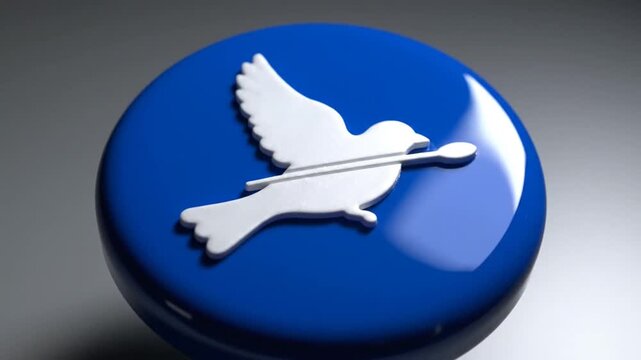 White dove icon with olive branch on glossy blue button