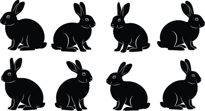 Silhouette rabbits collection, black bunny icons, sitting rabbit shapes, animal vector illustration, wildlife graphic design, Easter decoration, pet artwork