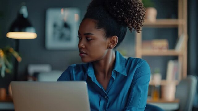 Focused woman works on laptop at home. Soft lighting highlights her calm concentration. Bookshelves and decor add cozy background. Her expression shows dedication and thought