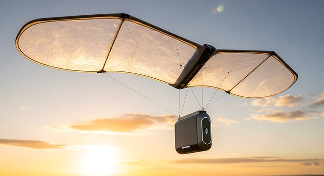 A lightweight solar-powered glider drone with expansive, transparent wings flies against a bright morning sunrise. The drone is tethered to a dark cargo container, representing a sustainable, green 