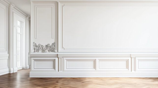 Elegant white wall paneling creating a luxury classic room interior background with herringbone wood floor