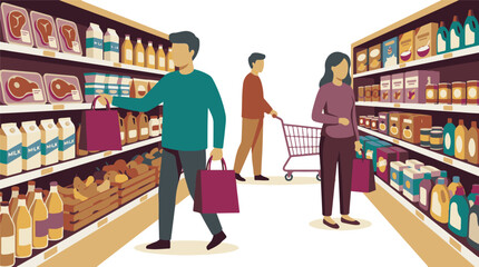 People shopping for groceries in a supermarket aisle, illustration