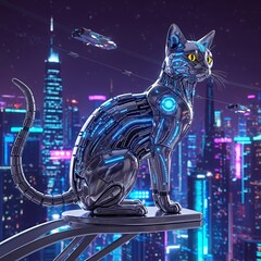 Fototapeta premium Futuristic robotic cat silhouette against city skyline digital illustration