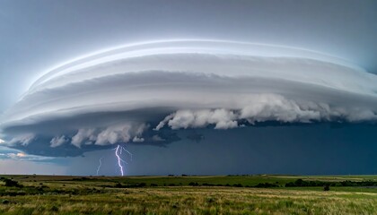 Massive rotating supercell thunderstorm with layered cloud structure forming dramatic severe weather scene