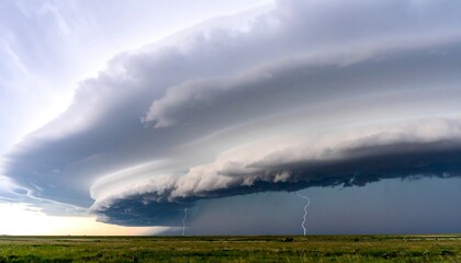 Huge circular shelf cloud dominating horizon during severe thunderstorm over open landscape