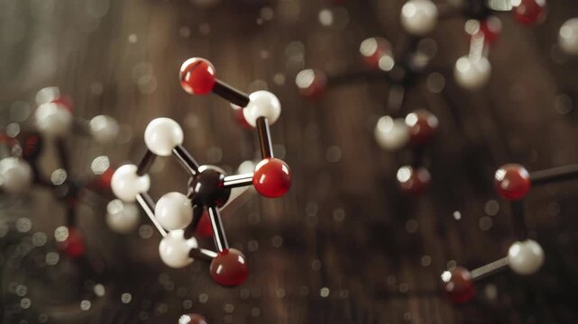 Molecule structure floats in soft focus. Red and white spheres connect by black bonds. Background blurs with bokeh effect. Scientific ry evokes research and discovery