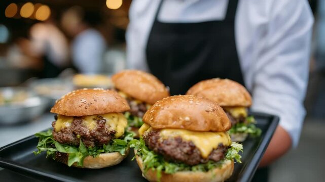 Juicy burgers presented on a serving tray in modern restaurant, close-up perspective highlighting melted cheese, toasted bun texture and fresh greens