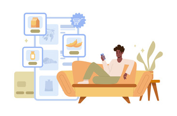 Fototapeta premium E-commerce Advertising Concept. Black Woman Using Smartphones for Online Shopping. Food Delivery. Flat Vector Illustration.