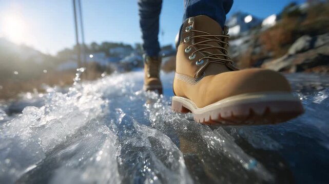 Low-angle close-up of sturdy winter boots moving across icy pavement, sharp ice details, warm sun flare contrasting cold city environment